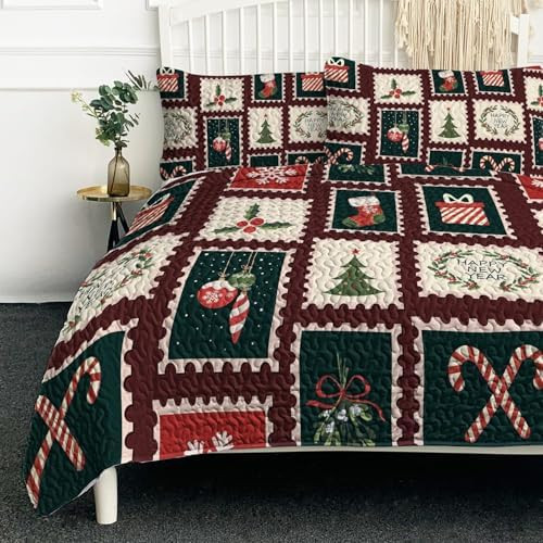 BlessLiving Christmas Holidays Coverlet Set King Size Brown Postage Stamp Square Design Quilts Be... | Amazon (US)