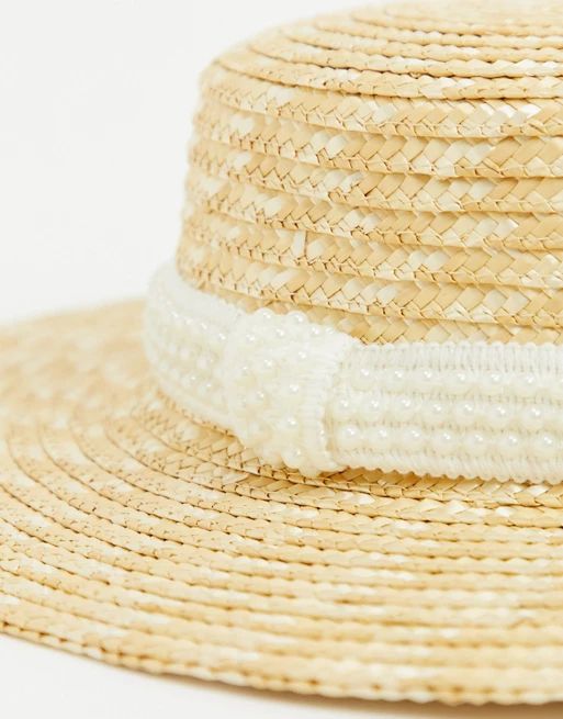 ASOS DESIGN natural straw boater with pearl band and size adjuster | ASOS (Global)