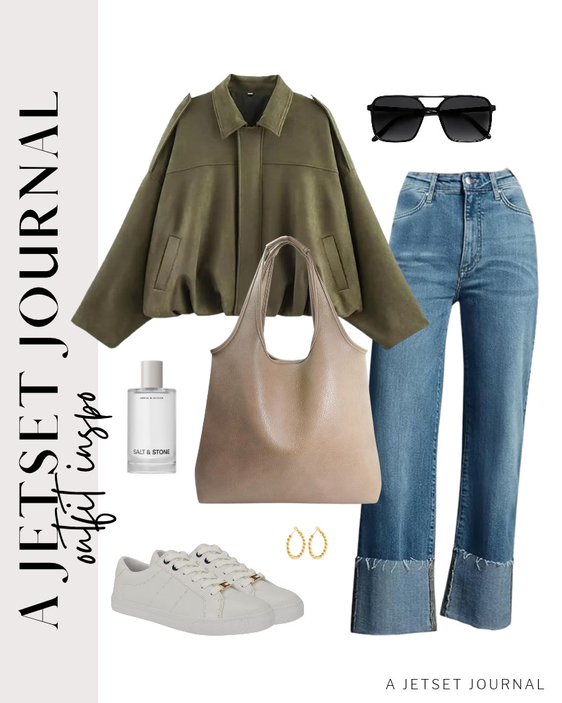 Use this HOXIS shoulder bag if you plan on wearing this green faux suede bomber jacket and KUNMI straight-leg jeans. These Tommy Hilfiger Lila sneakers go well with the fit, too! Complete this look with gold hoop earrings and SOJOS vintage aviator sunnies. 

 #LTKSeasonal #LTKSaleAlert #LTKTravel