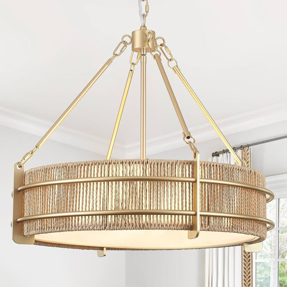 21.5'' Gold Rattan Chandelier Light Fixture, 5-Light Hand Woven Boho Rattan Chandeliers with Fabr... | Amazon (US)