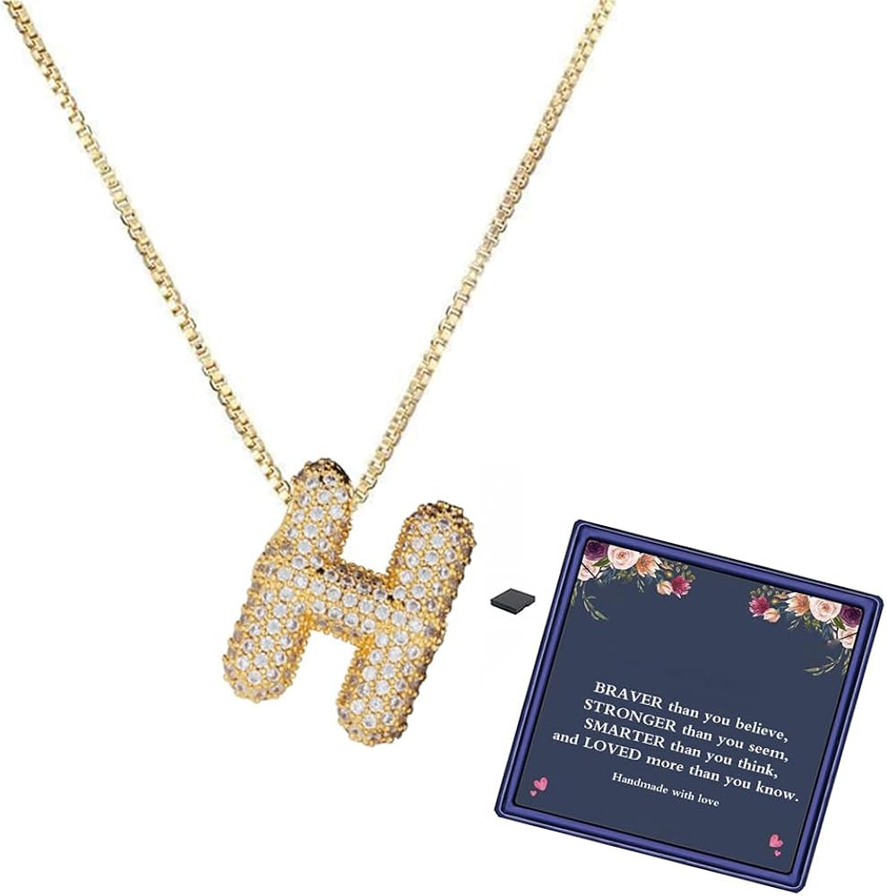 DIOWUS Bubble Letter Necklace Gold for Women，Charm Balloon Initial Letter Pendant Zirconia Inla... | Amazon (US)