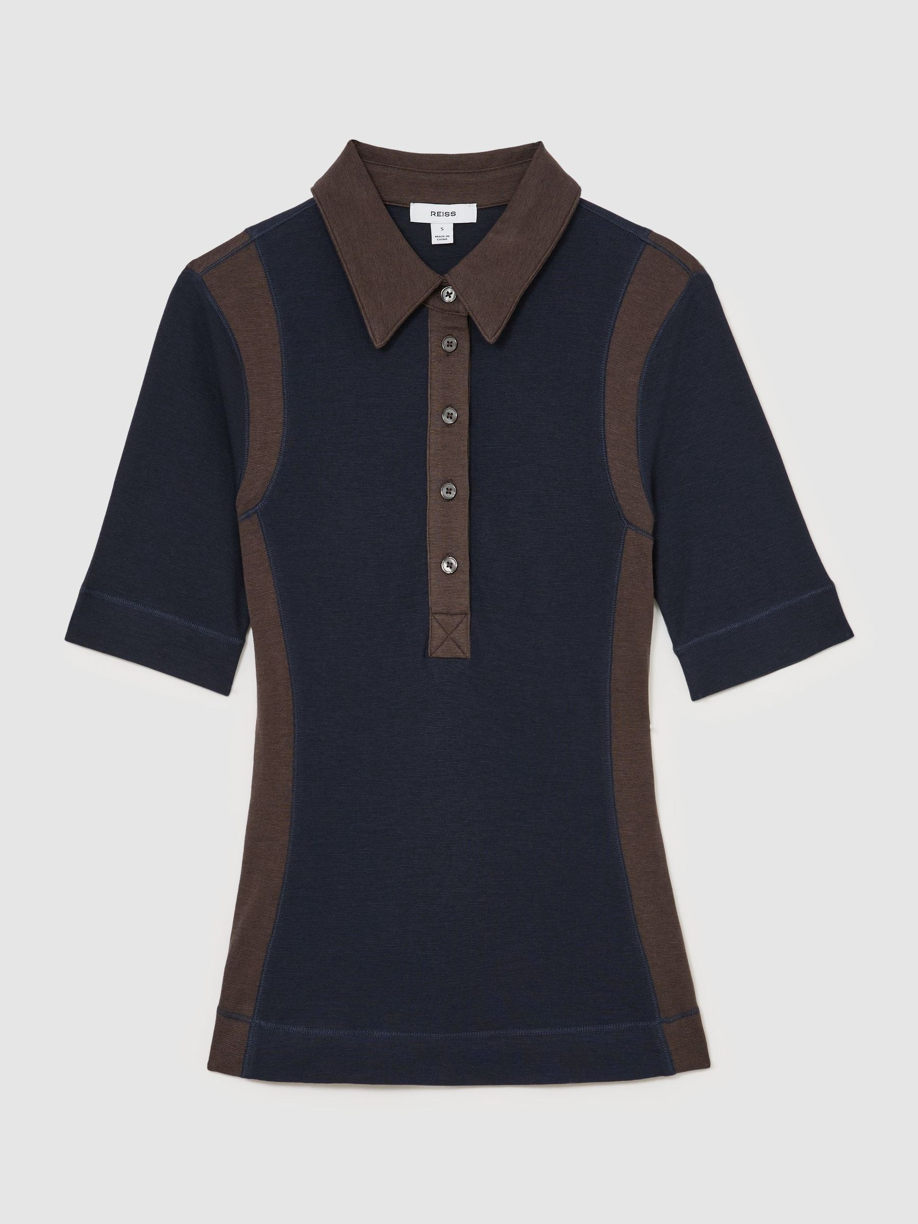 Reiss Colour-Block Half-Button Top With Wool in Navy/Chocolate Brown | REISS | Reiss US