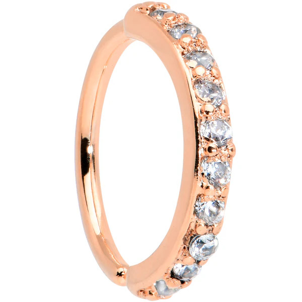 18 Gauge 5/16 Clear CZ Gem Rose Gold Tone Forward Facing Closure Ring | Body Candy