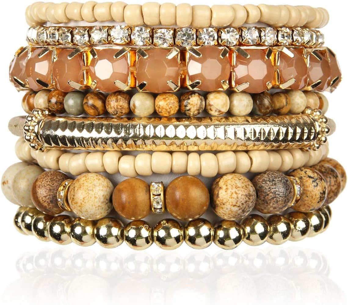 Multi Color Stretch Beaded Stackable Bracelets - Layering Bead Strand Statement Wrap Bangles | Amazon (US)
