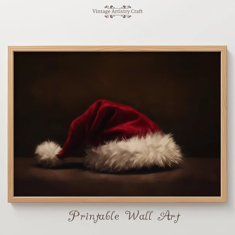 Printable Santa Hat Christmas Wall Art Decor Vintage Santa Claus Print Oil Painting Red Santa Wal... | Etsy (US)
