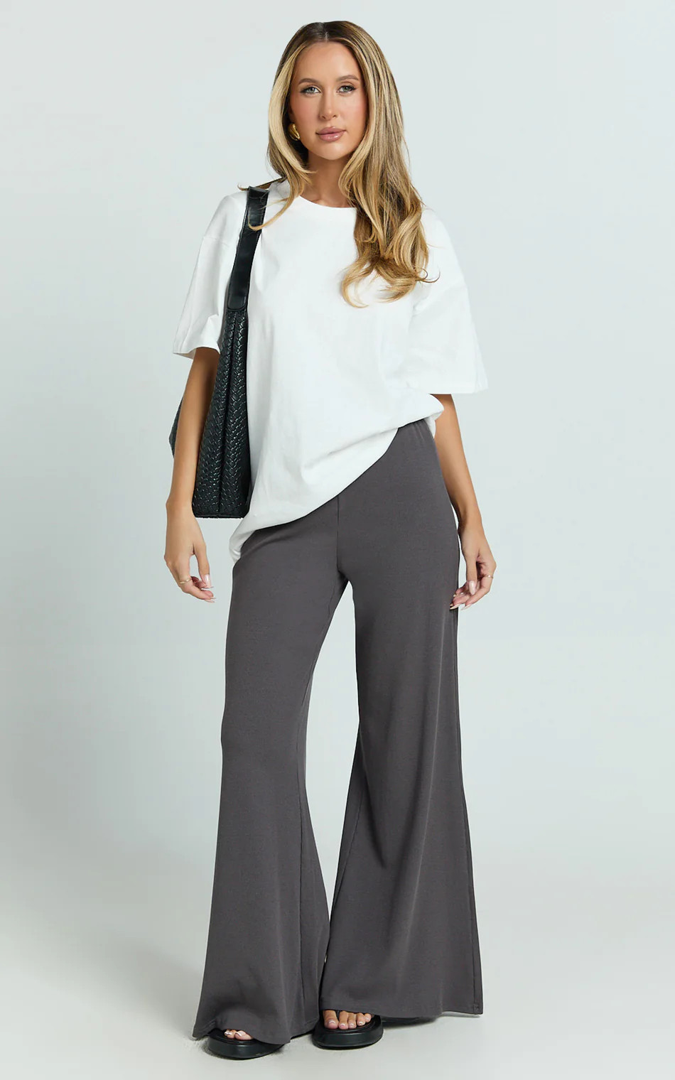 Amalthea Pants - High Waisted Jersey Rib Wide Leg Pants in Charcoal | Showpo (US, UK & Europe)