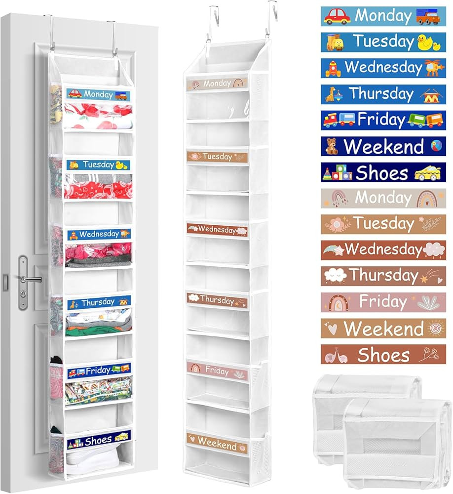 2 Pack 6 Shelf Weekly Clothes Organizer for Kids Daily Hanging Over Door Organizer with 12 Side P... | Amazon (US)