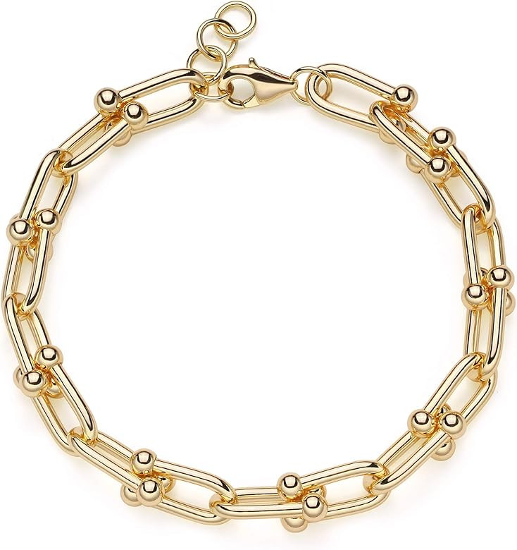 BENEIGE Gold Bracelet for Women 14K Gold Plated Cute Silver Satellite Bead Ball Oval Pearls Bold ... | Amazon (US)