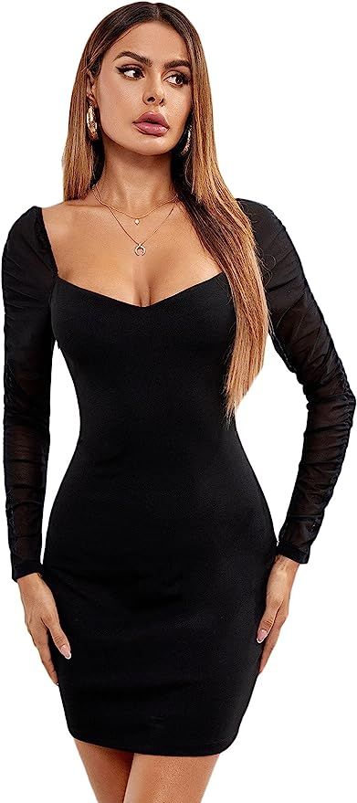 SheIn Women's Ruched Mesh Long Sleeve Mini Bodycon Dress Sweetheart Neck Short Dresses | Amazon (US)