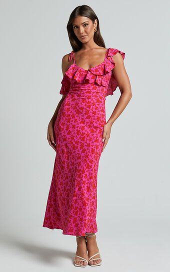 Giulia Midi Dress - One Shoulder Frill Detail Dress in Pink Floral | Showpo (US, UK & Europe)