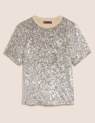 Sequin Round Neck Regular Fit Top | Marks & Spencer (UK)