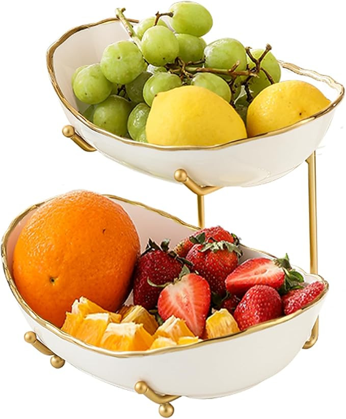 2 Tier Ceramic Fruit Bowl for Kitchen Counter, Tiered Fruit Basket for Countertop, Modern Multi L... | Amazon (US)