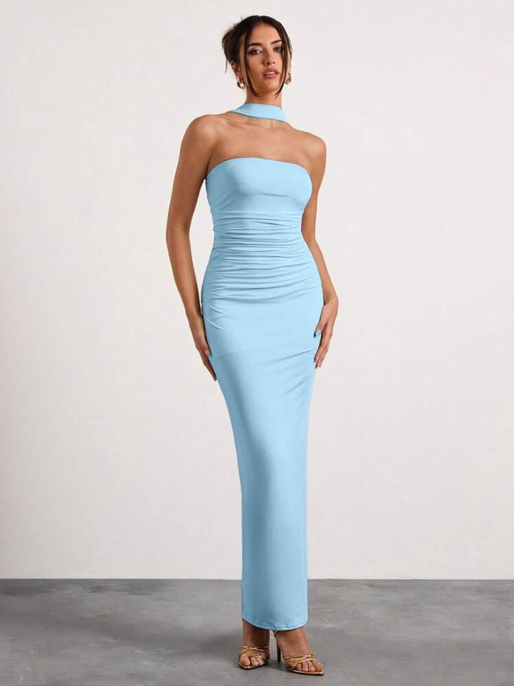 Glamine Beige Color Off The Shoulder Ruched Halterneck Maxi Dress,Holiday Party Carnival Dress,Date Night Outfits,Women Birthday Outfits,Valentine Day Dress,Summer Outfits For Women,Summer Dresses For Women,Graduation Dress,Wedding Guest Dress Women,Vacation Outfits Women,Dresses For Women Elegant,Maxi Dresses For Women, Women Dresses Birthday | SHEIN