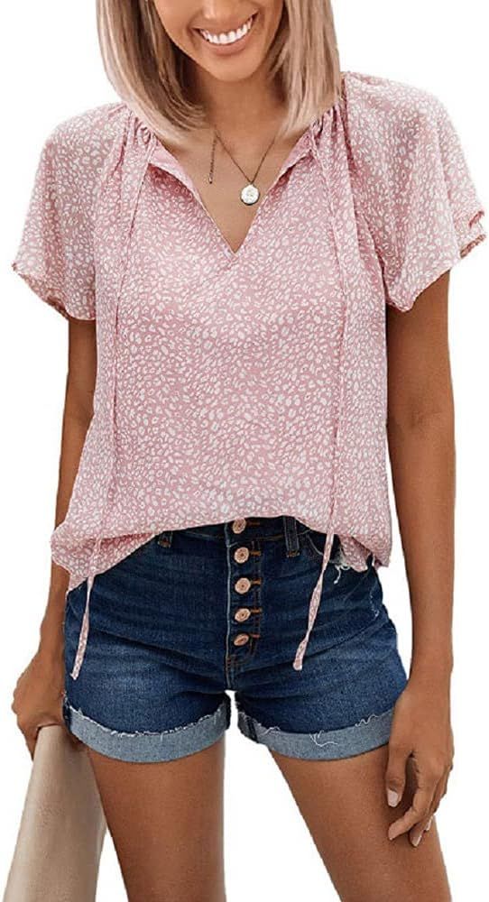 Women's Ruffle Sleeve V Neck Short Sleeve and Long Sleeve Cute Floral Chiffon Shirt Flowy Tunic T... | Amazon (US)