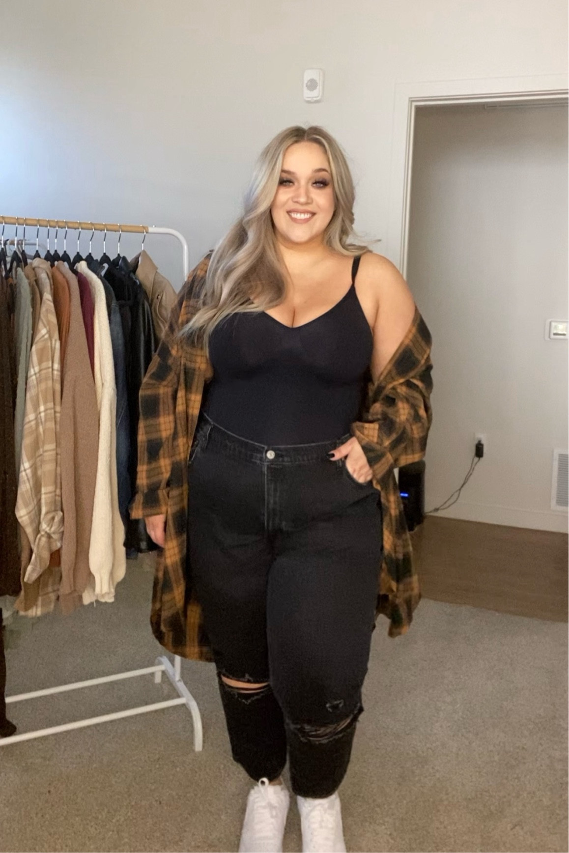 plus size amazon ootd 🖤🤎🫶🏻 

Wearing the viral Amazon skims dupe bodysuit shapewear! Plaid shacket is also from Amazon. 

I own the shapewear in a 2/3x and 4/5x- both fit well, the 2/3x is tighter and gives more hold. 4/5x is a more relaxed fit for me. 

Jeans are Abercrombie size 20 short. 

——————————————————



#LTKfindsunder50 #LTKmidsize #LTKplussize