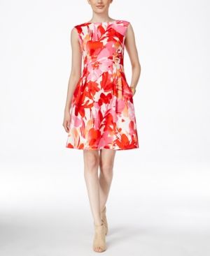 Vince Camuto Floral-Print Boat-Neck Fit & Flare Dress | Macys (US)