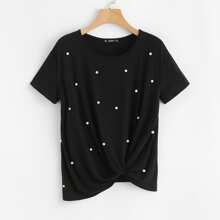 Pearl Embellished Twist Front Tee | SHEIN