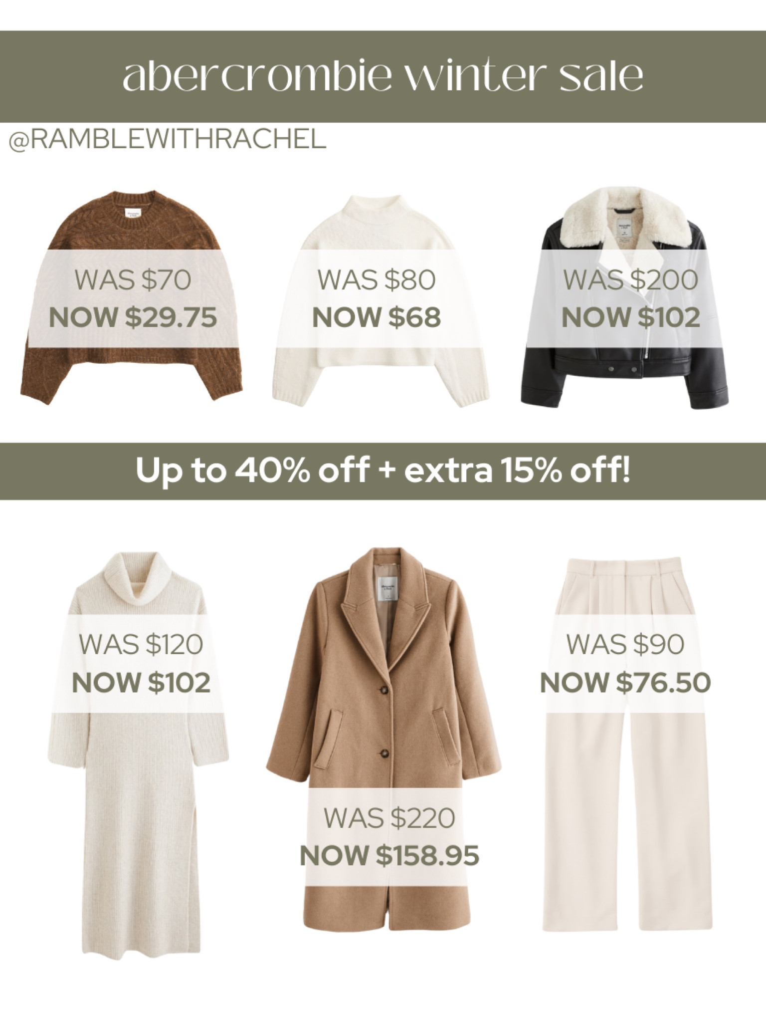 Winter Abercrombie sale. Up to 40% off select items and an extra 15% off outwear, sweater dresses, pants.

#LTKfindsunder100 #LTKsalealert #LTKSeasonal