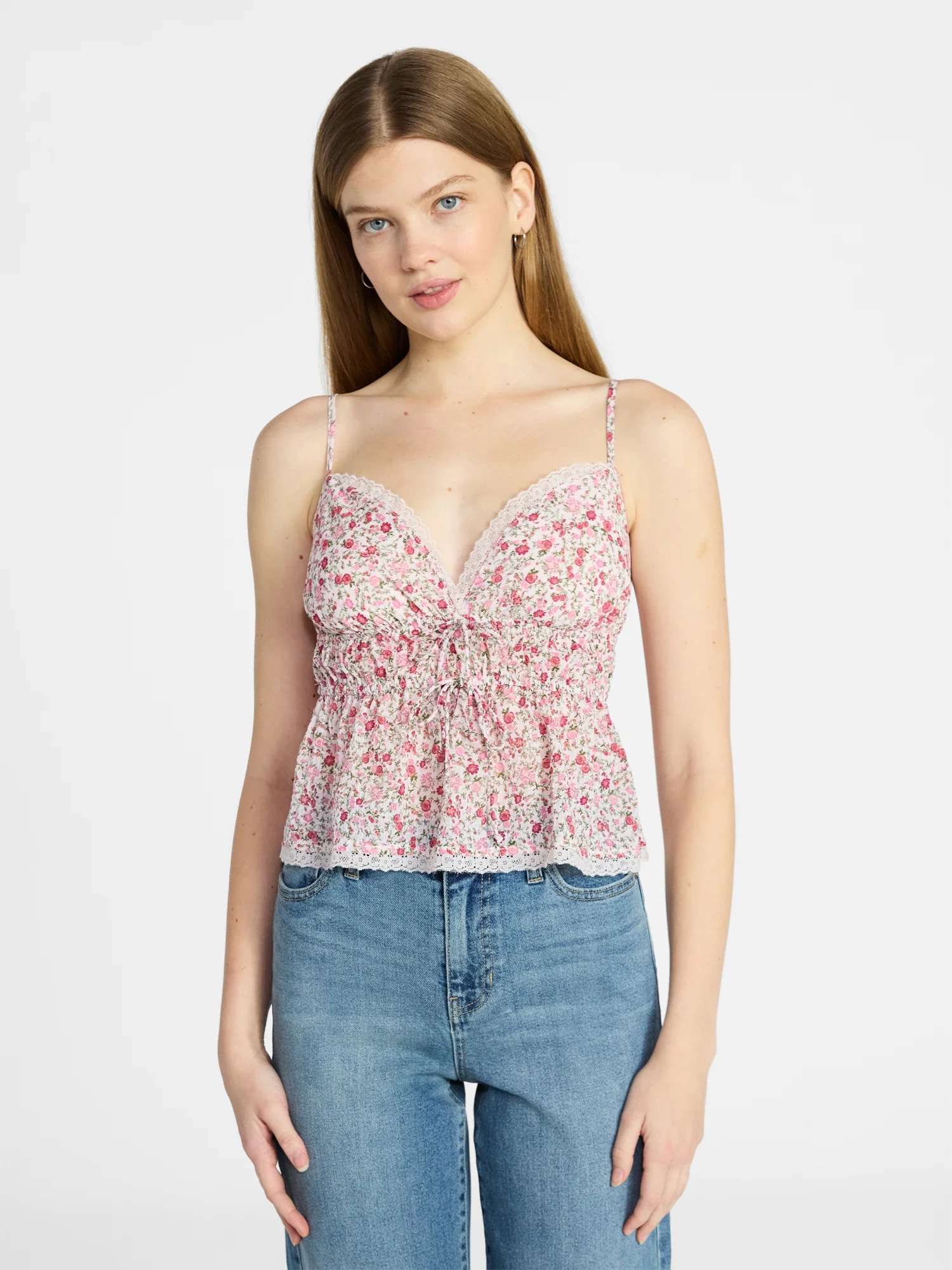 No Boundaries Tie Front Tank Top with Lace Trim, Women's XXS-XXXL | Walmart (US)