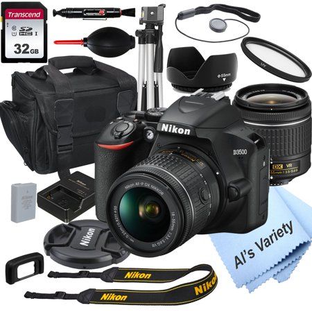 Nikon D3500 DSLR Camera with 18-55mm VR Lens + 32GB Card, Tripod, Case, and More (18pc Bundle) | Walmart (US)