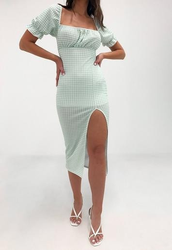 Sage Gingham Milkmaid Split Midaxi Dress | Missguided (US & CA)