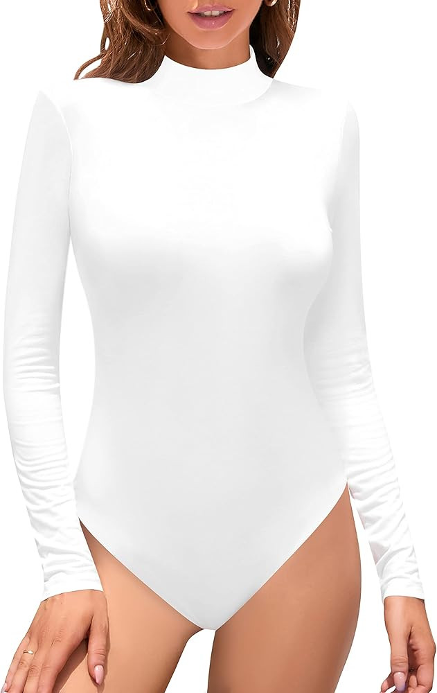 SHEIUGU Women’s Sleeveless Long Sleeve Mock Turtle Neck Bodysuit Soft Slim Fit Stretchy Layer T... | Amazon (US)