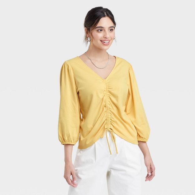 Women's Puff 3/4 Sleeve V-Neck Front Ruched Top - A New Day™ | Target