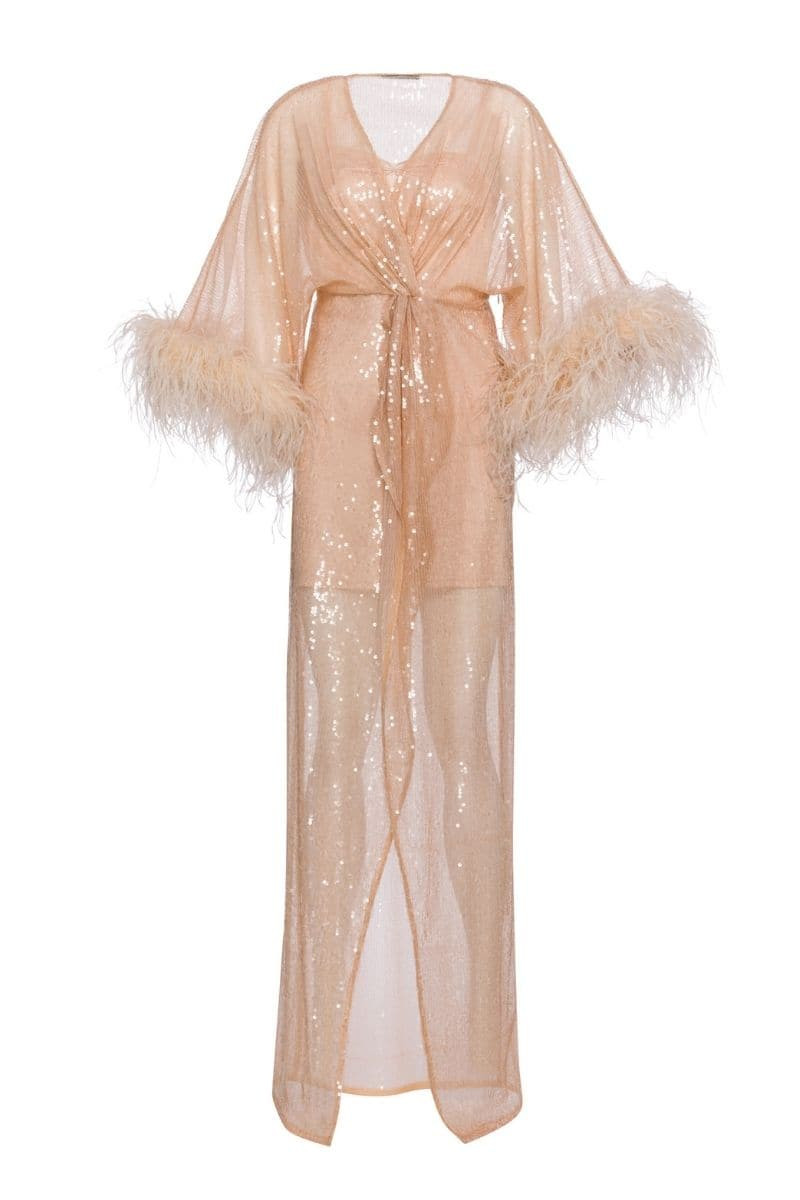 FRESIA BEIGE FEATHER-TRIMMED KIMONO MAXI DRESS | Nana Gotti | CULT MIA | CULT MIA UK LTD
