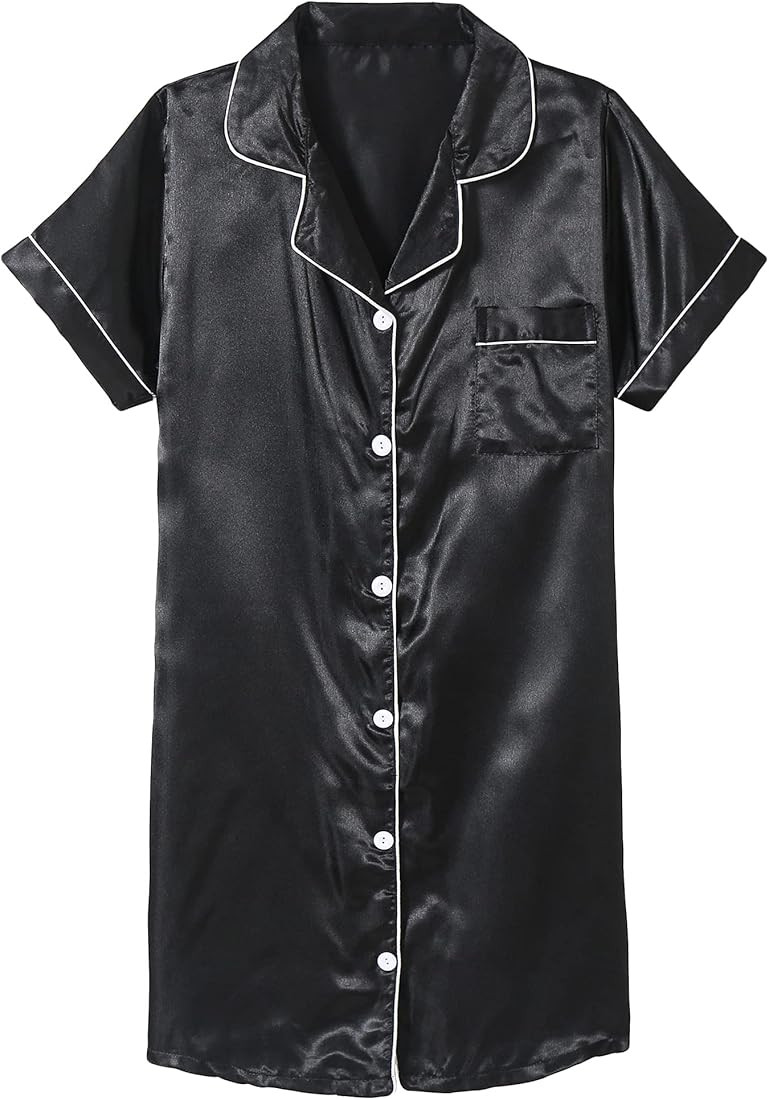 Girls Satin Pajamas Dress Button Down Silky Sleepwear Nightgown Short Sleeve Nightshirt Dresses | Amazon (US)