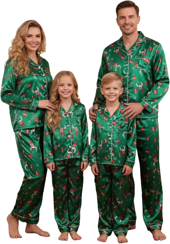 Weixinbuy Matching Family Christmas Pajamas 2025 Silk Satin Long Sleeve Button Down PJs Sets Holi... | Amazon (US)