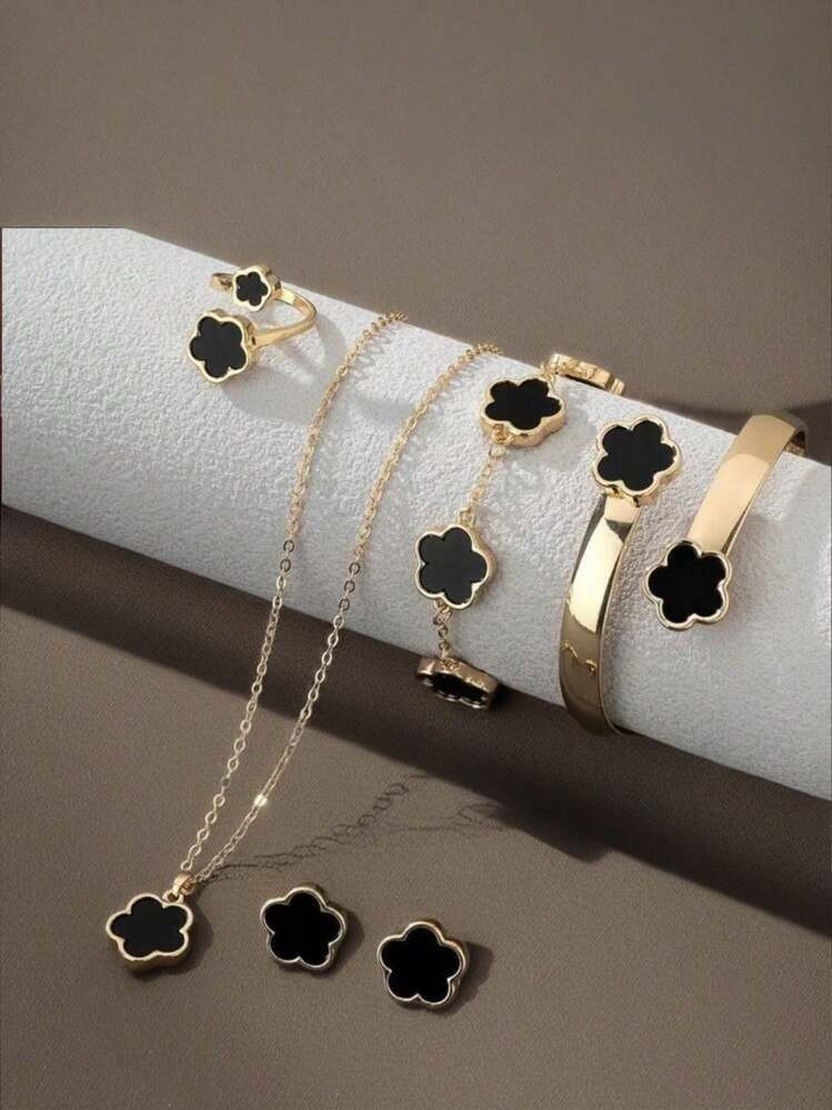 6pcs/Set Necklace, Bracelet, Earrings, Ring, Lucky Flower Necklace, Gold Earrings, Gold Ring, Gold Necklace, Gold Bracelet, Gold Bangle, Girl Jewelry Set, Suitable For Back To School, Party, Holiday | SHEIN
