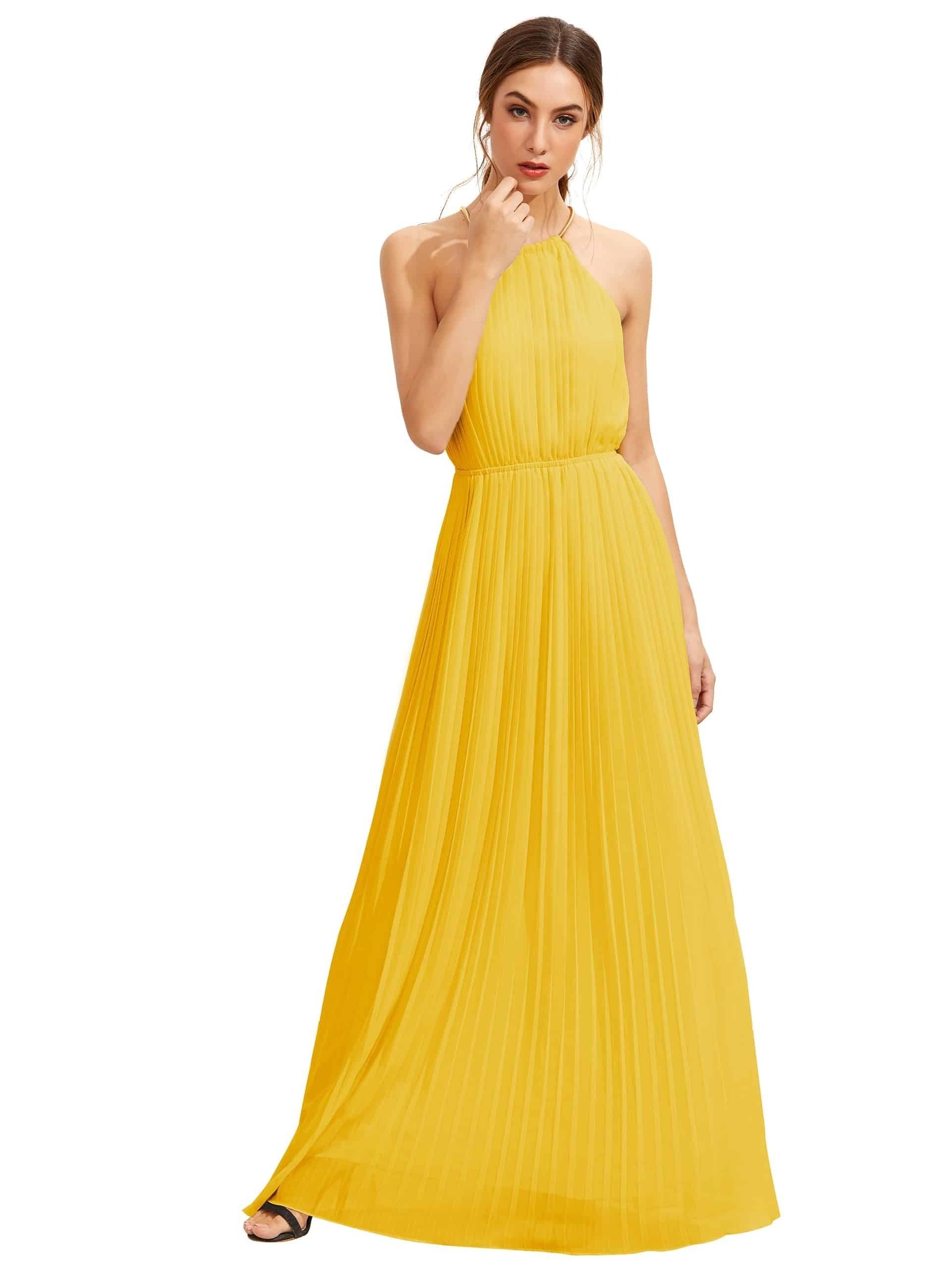 Yellow Sleeveless Halterneck Pleated Infinity Maxi Dress | ROMWE