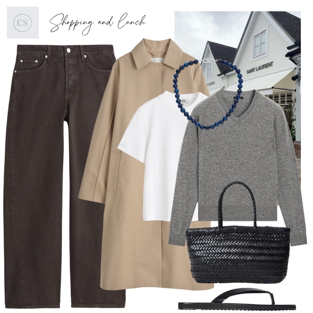 Casual car coat outfit. 

Dark brown relaxed straight leg jeans, white clean cut T-shirt, grey v neck jumper, beige car coat, black woven leather mini bag, black leather flip flops. 

#LTKMidsize #LTKootd