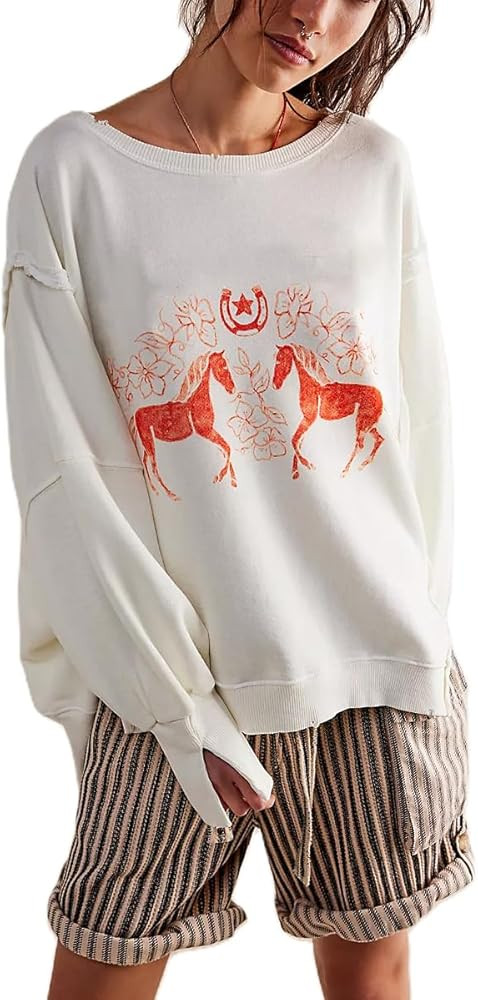 Amiblvowa Women Crewneck Oversized Sweatshirt Y2k Drop Shoulder Graphic Vintage Pullover Star Jac... | Amazon (US)