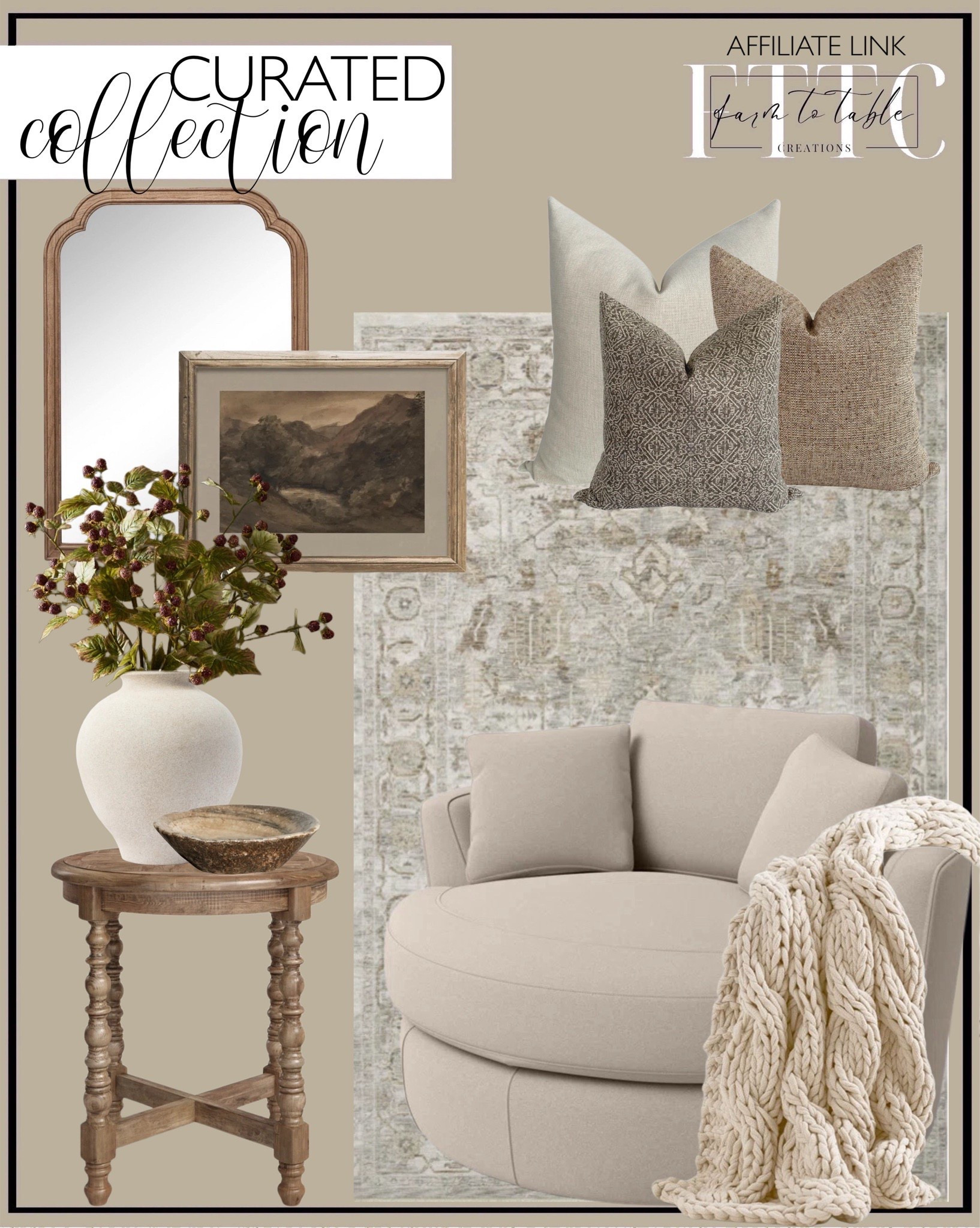 Curated Collection. Follow @farmtotablecreations on Instagram for more inspiration.

PRINTABLE Large Landscape in Neutral Tones / Vintage Earthy Tone Wall Art / Brown and Beige Art Print DIGITAL Download InCottonArt. French Country Wall Mirror- Threshold. Amber Lewis x Loloi Honora Grey / Taupe Area Rug. Hackner Home Serene Pillow Cover Set. Jacob Solid Wood End Table. Krissan Vase. Faux Raspberry Branch. Ardian 54" Wide Swivel Barrel Chair and a Half. Colossal Handknit Throw Pottery Barn. Vintage Rustic Marble Bowl (Free Shipping). 

Living Room | Earthy Neutrals | Neutral Decor | Framed Art 


#LTKHome #LTKSaleAlert #LTKFindsUnder50