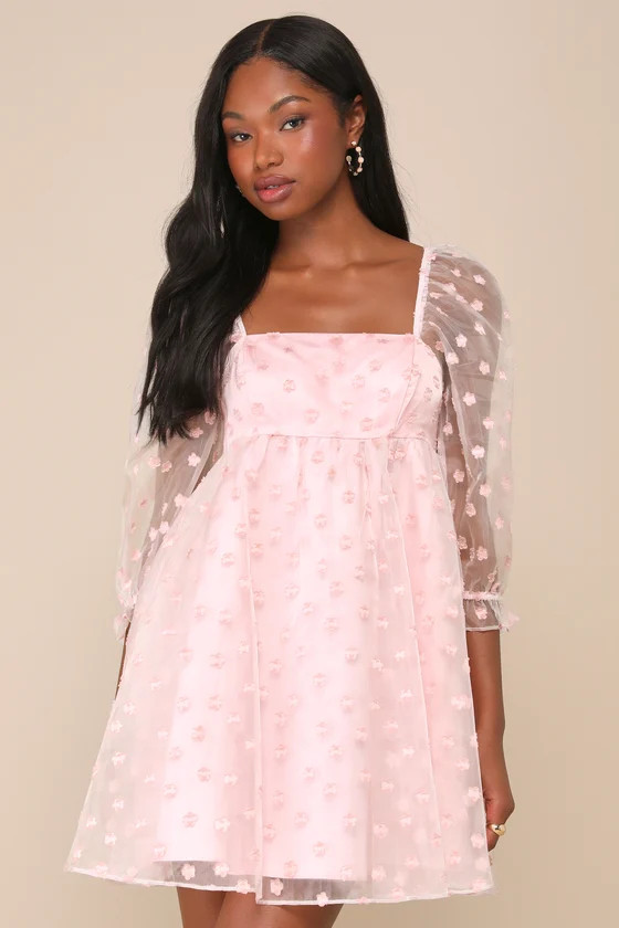 Effervescent Charm Pink Organza Floral Babydoll Mini Dress | Lulus