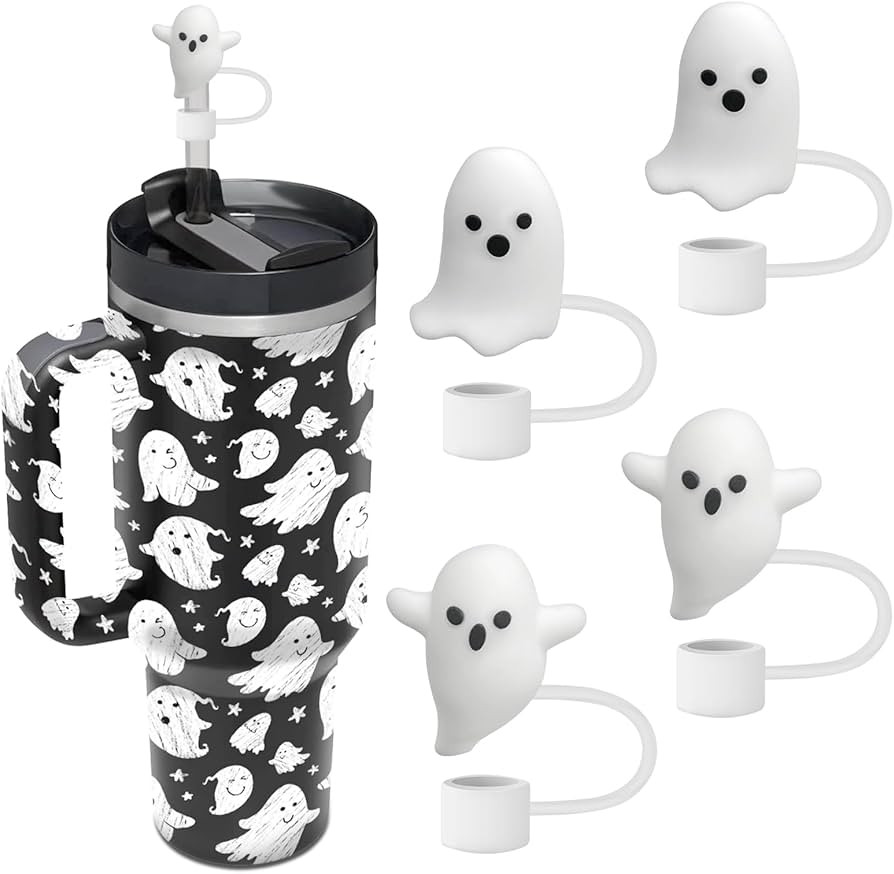 4 Packs Ghost Straw Topper Halloween Stanley Straw Cover Ghost Straw Covers Cap Silicone Straw To... | Amazon (US)