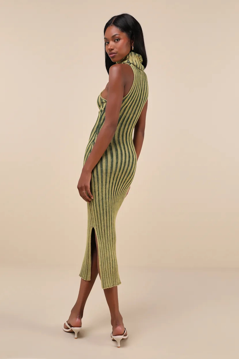 Truly Magnetic Washed Green Ribbed Turtleneck Midi Sweater Dress | Lulus