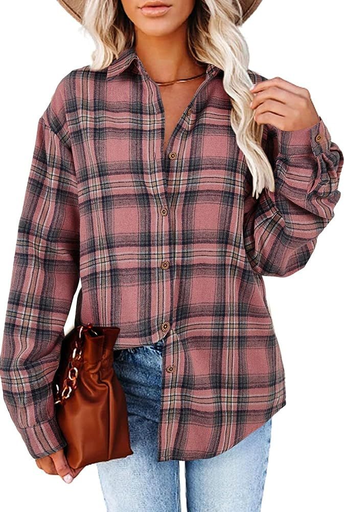 Women's Long Sleeve Plaid Shirts Flannel Collared Button Down Shacket Casual Rolled Up Boyfriend ... | Amazon (US)