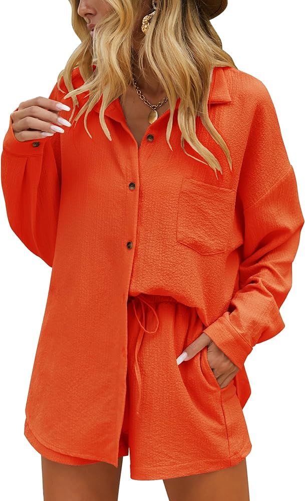 Ekouaer Two Piece Sets for Women Long Sleeve Lounge Set Button Down Shirts and Casual Shorts with... | Amazon (US)