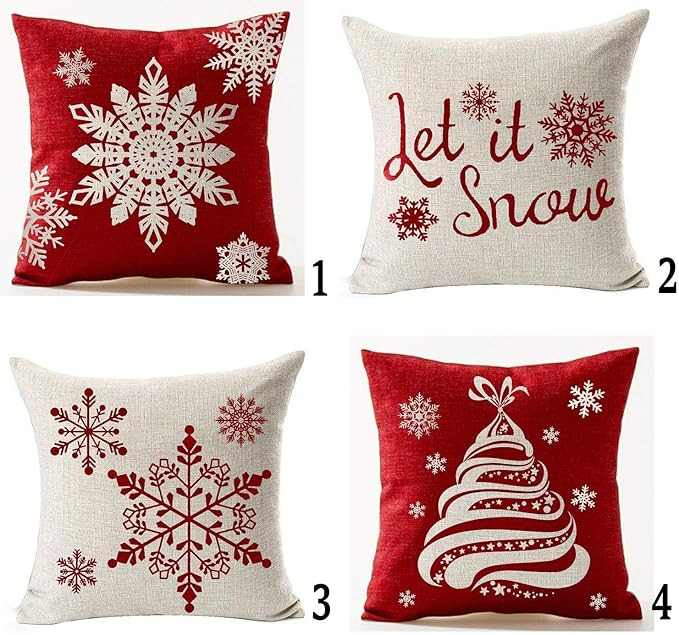 Andreannie Set of 4 Throw Pillow Cover Christmas Beige Shadow Let It Snow Snowflakes Red Cotton L... | Amazon (US)