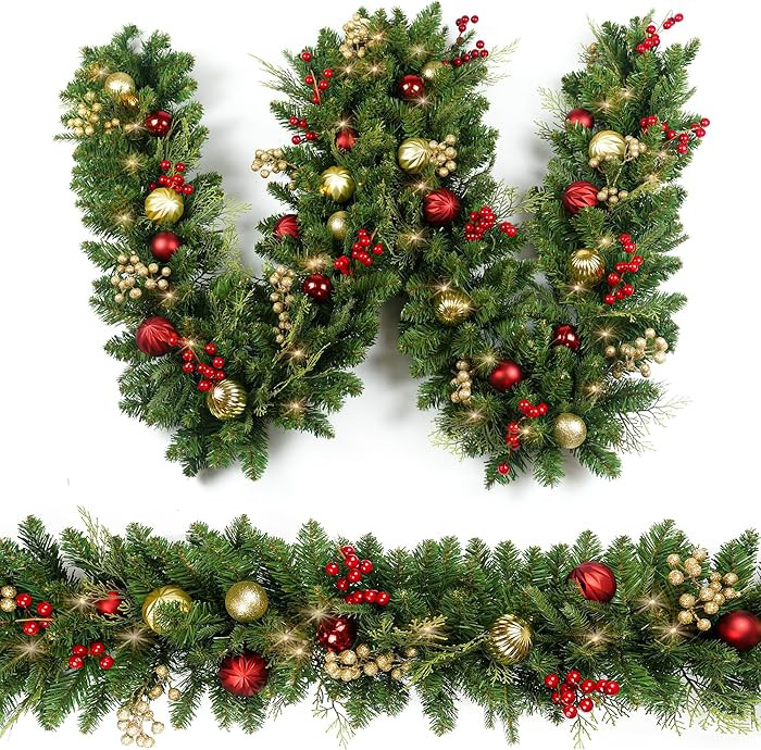Christmas Garland 9ft with 50 Led, Gold & Red Ball Berries Battery Control, Christmas Decor with ... | Amazon (US)