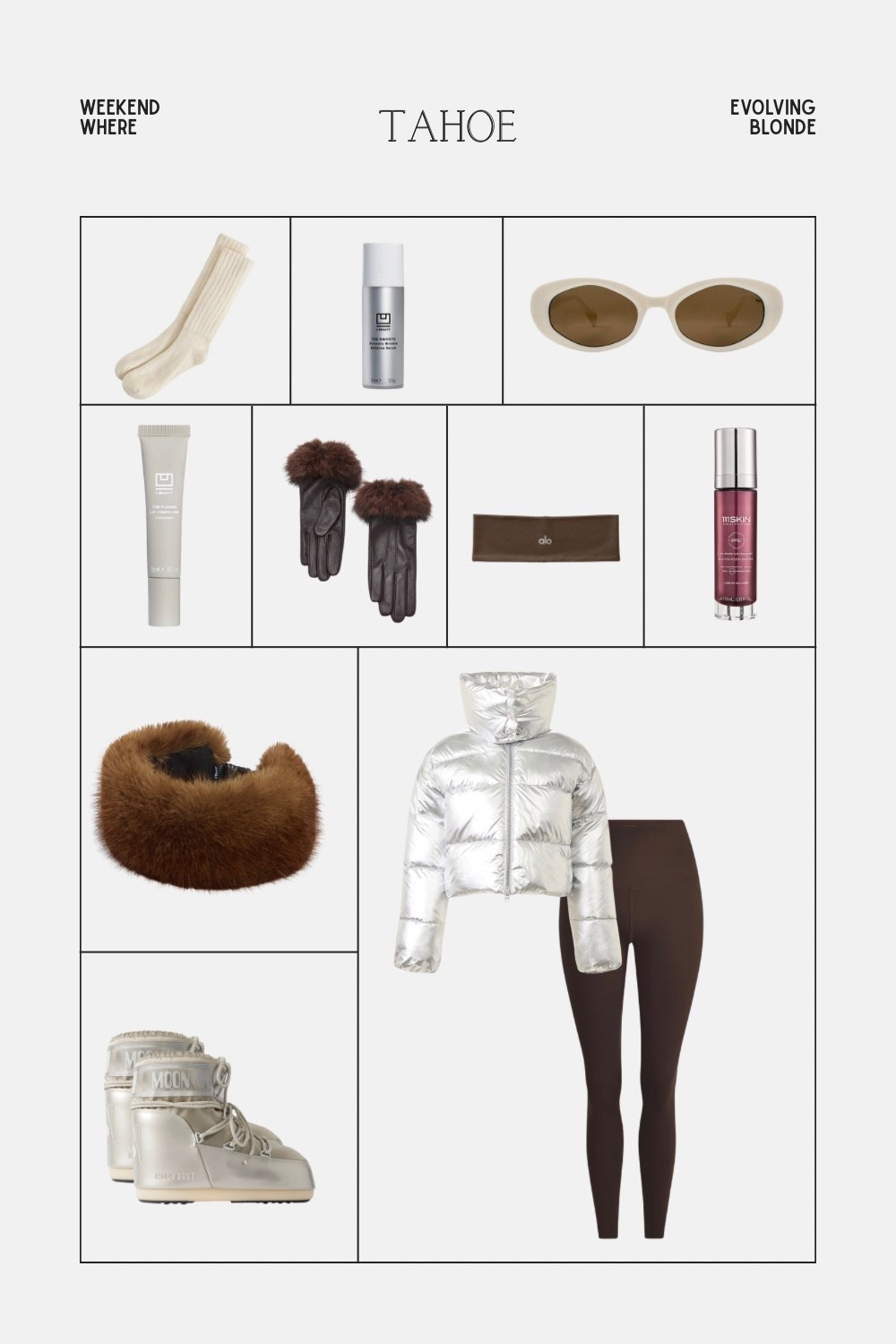 Warm silver coat with chocolate leggings for a ski weekend in Tahoe. Also love the moonboots✨

#LTKTravel #LTKActive #LTKBeauty