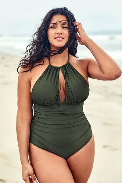 Olive Halter Plus Size One Piece Swimsuit | Cupshe