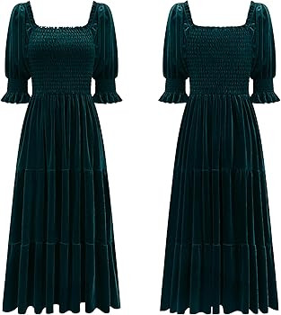 R.Vivimos Womens Fall Winter Velvet Dress Puff Sleeve Square Neck Smocked Tiered Ruffle A-Line Fl... | Amazon (US)