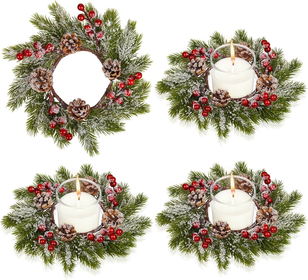 4 Pcs Christmas Candle Rings Mini Wreaths, Artificial Red Berries Snowy Pine Needles Pinecones Ga... | Amazon (US)