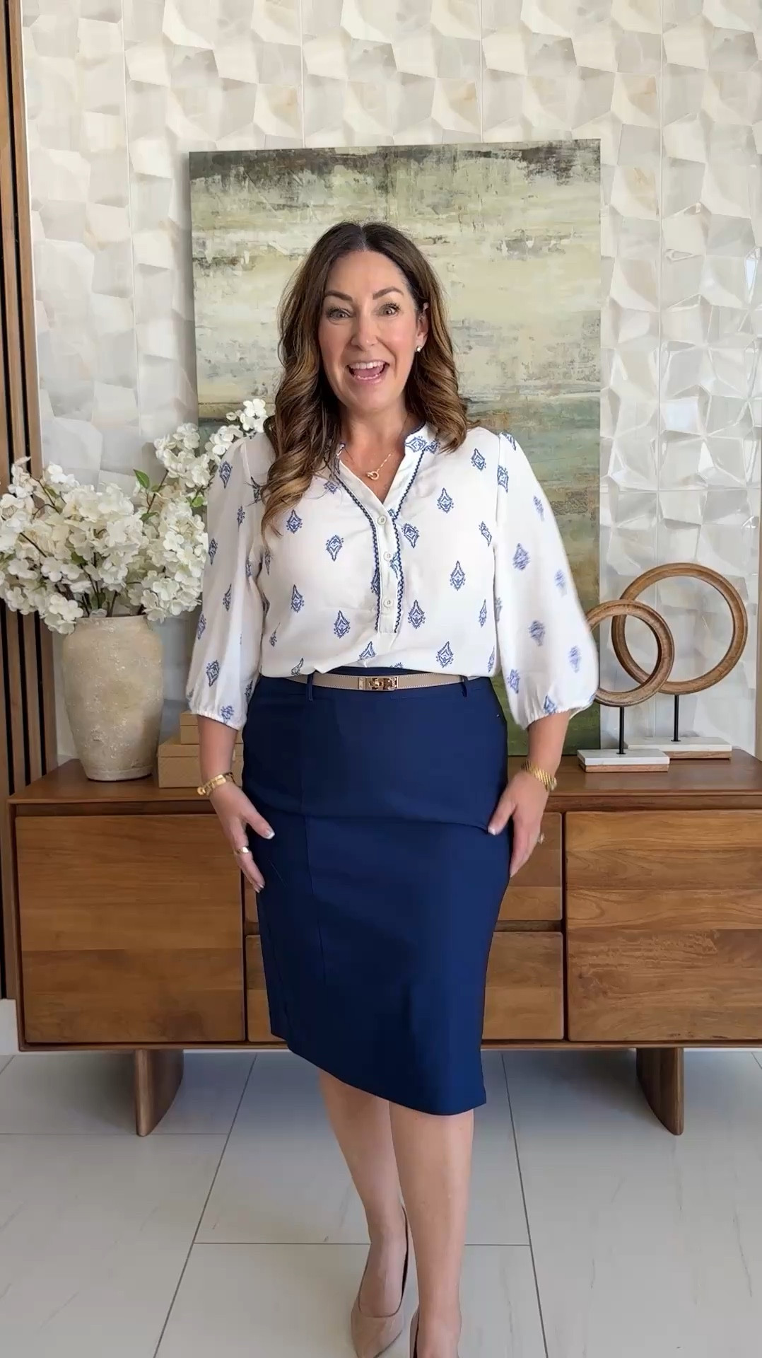 Navy pencil skirt season is HERE and I am obsessed 🤍 This print blouse is giving all the polished spring vibes — perfect for the office or a lunch meeting.

📏 Sizing: blouse tts, L // Skirt size up, XL

#LTKSeasonal #LTKOver40 #LTKMidsize