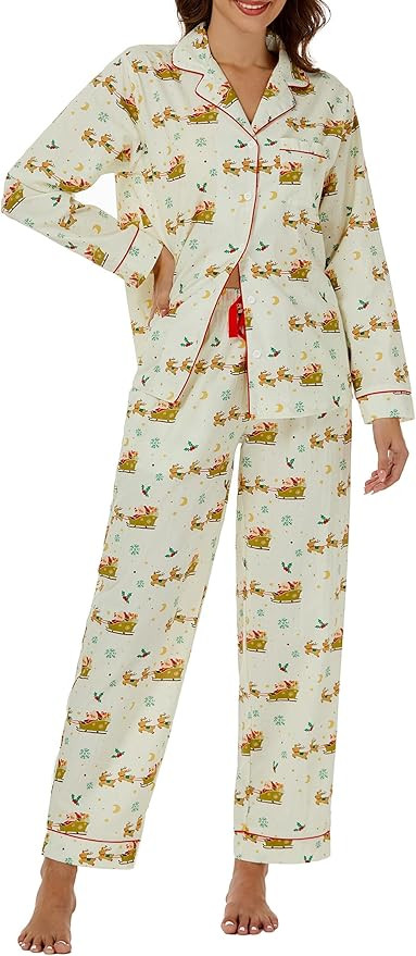 LUBOT 2024 Christmas Pajamas 100% Cotton Womens Pajamas Set 2 Piece Soft Button-Down Xmas PJs Set... | Amazon (US)