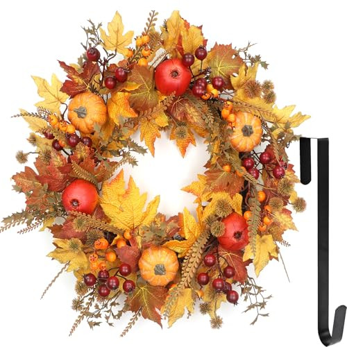 24’’ Fall Wreath - Artificial Fall Wreaths for Front Door with Maple Leaves, Oak Leaves, Pumpkins Berries for Outside Indoor Wall Window Festival Thanksgiving Autumn Wreaths Decor | Amazon (US)
