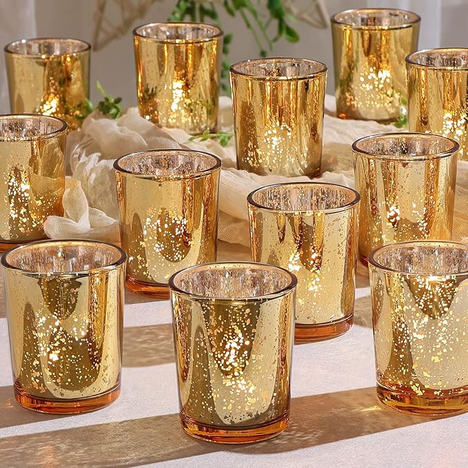 DEVI Gold Votive Candle Holders 24pcs, Mercury Glass Tealight Candle Holder, Gold Wedding Centerp... | Amazon (US)